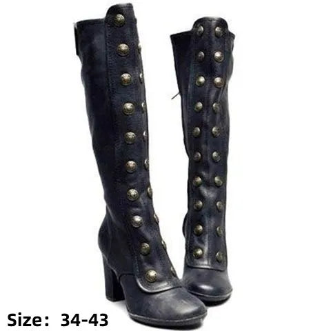 Retro Black Fashion Rivet Decor Boots Chunky Heels Knee High Slip on Shoes for Women Knight Boots  Autumn Zapatos Para Mujere