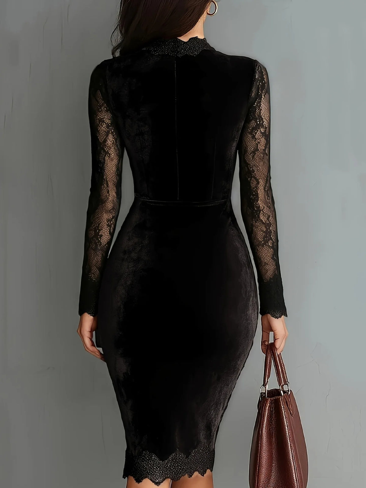 Women Velvet Midi Dress Elegant Lace Long Sleeve Hollow Out Bodycon Dress Autumn Winter New Party Evening Formal Pencil Dresses