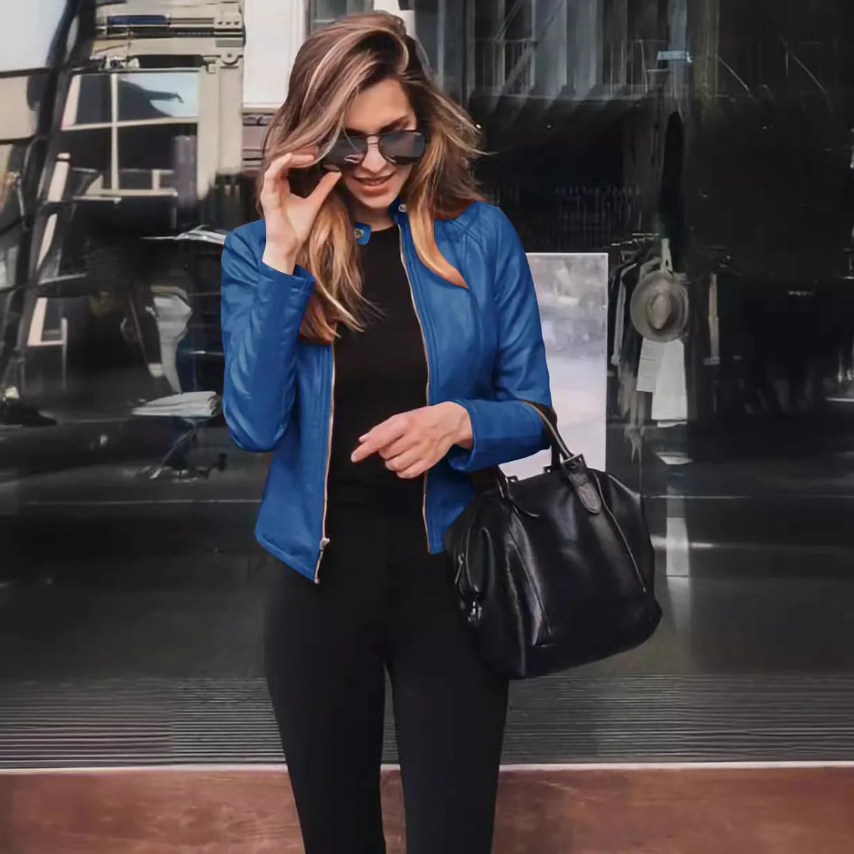 Autumn and Winter New Fashion Black Leather PU Suit Jacket Women Tops Zipper Stand Collar Slim Fit Casual Short Jacket for Women