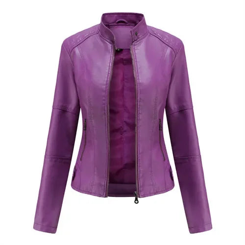 Autumn New Women's Leather Jacket, Fashionable Trim Motorcycle Women PU Coat Black Purple Brown Tops Female Menteau