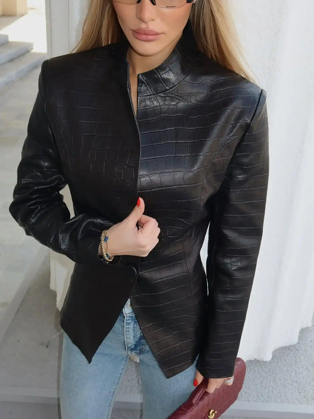 Women Black Crocodile Embossed Faux Leather Jacket Stand Collar Long Sleeve Single Button Waist Autumn Daily 2026 New Outerwear