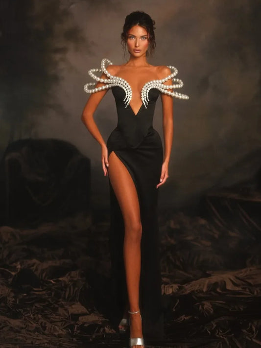 Women Celebrity Sexy Off Shoulder Pearl Black Maxi Long Bandage Bodycon Dress 2025 Elegant Evening Club Party Outfit