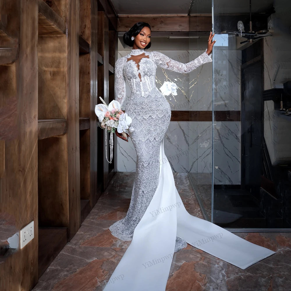 Luxury Mermaid Wedding Dresses for Africa Bride Long Sleeves Sweep Train Lace Pearls Sequined Bridal Reception Gowns Customized