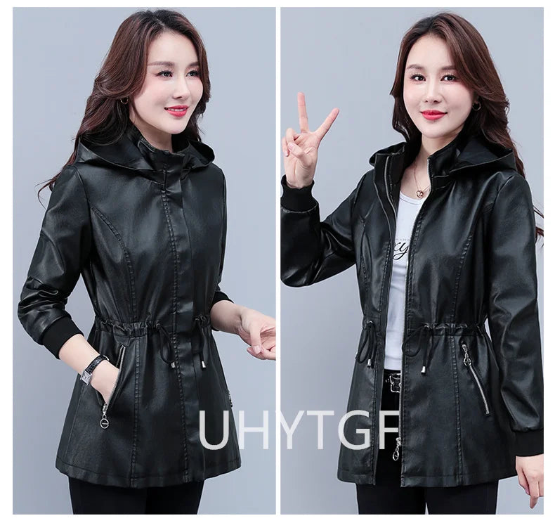 UHYTGF Fleece Winter Leather Female Quality Pu Leather Windbreaker Women Temperament Slim Warm 3XL Big Size Coat Deri Ceket 425