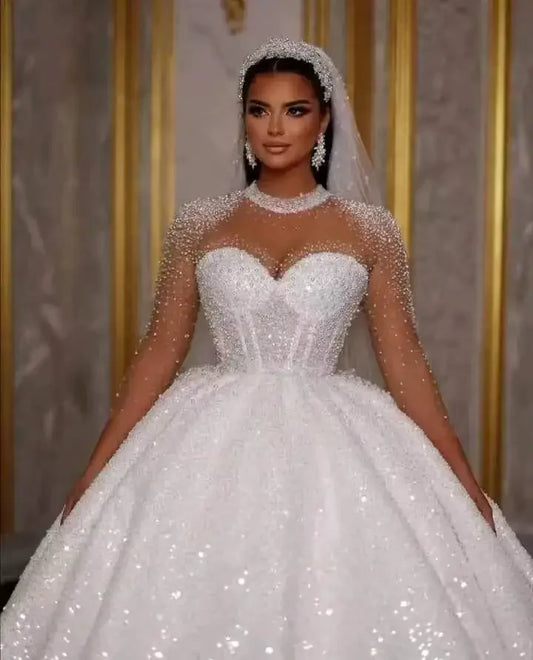 Flavinke Customized Sparkle African Wedding Dresses Ball Gown Glitter Beads Sequin Long Sleeves Sexy Dubai Bride Bridal Gowns