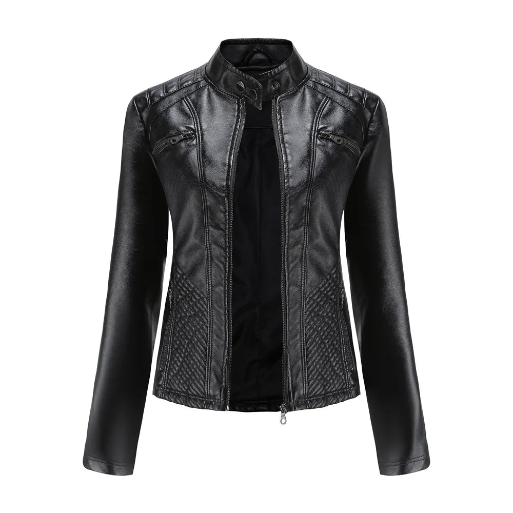 Ladies casual stand-up collar jacket Slim models women's spring and autumn solid color women's leather jacket