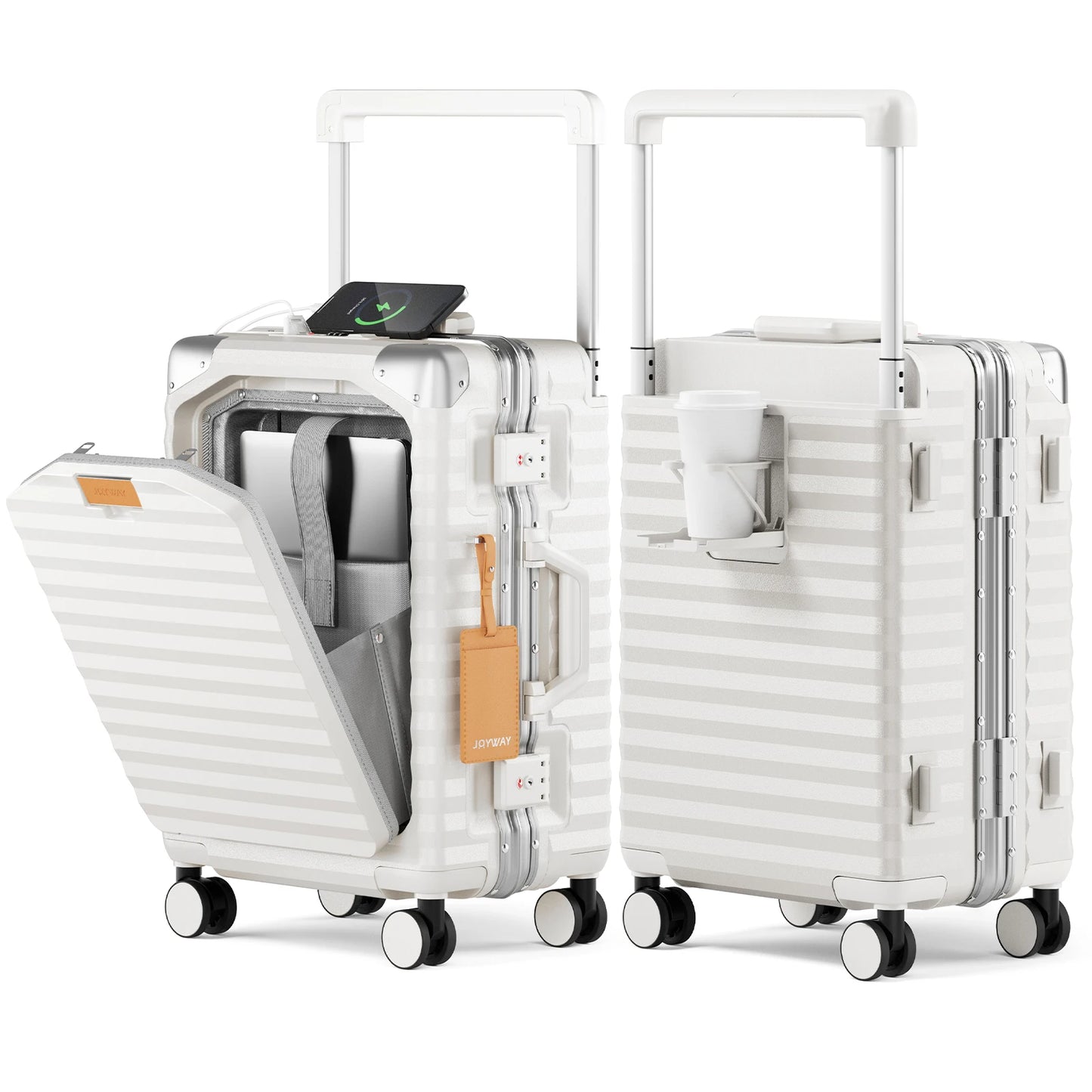 Joyway 20 inch Aluminium Carry on Luggage Suitcase with Front Pocket, USB Port, Cup Holder, TSA Lock and Spinner Wheels