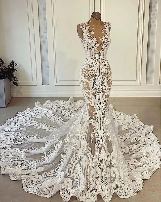 Sexy Mermaid Customized Wedding Dresses Bride Gowns Lace Appliqued African Nigerian Court Train Custom Made vestido de novia