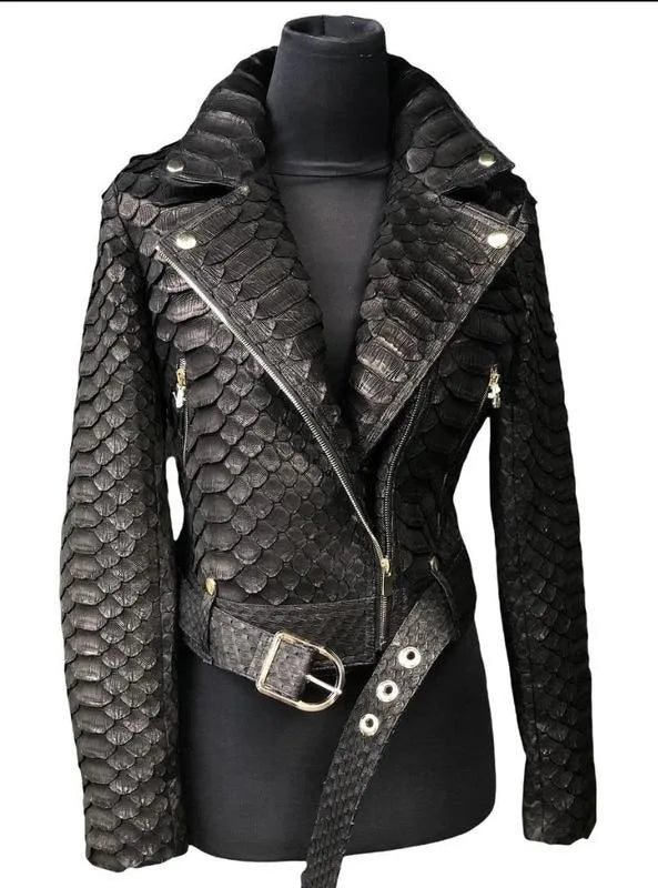 Autumn and winter women's PU leather black imitation snakeskin leather locomotive jacket jacket