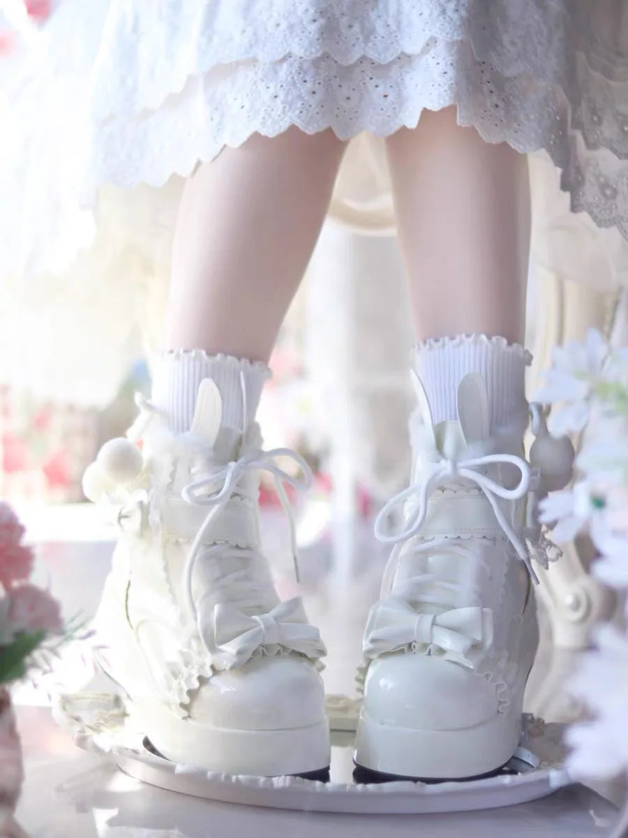 Kawaii Rabbit Tail Short Boots Women's Fleece Lined Thick Heel Lolita Snow Boots Winter Warm Cute Cotton Shoes for Women