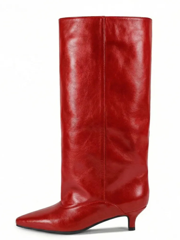 Women's Spring and Autumn New Cat Heel Wide Knee Knee Boots Fashion Pointed Women's Low Heel Mid Heeled Boots