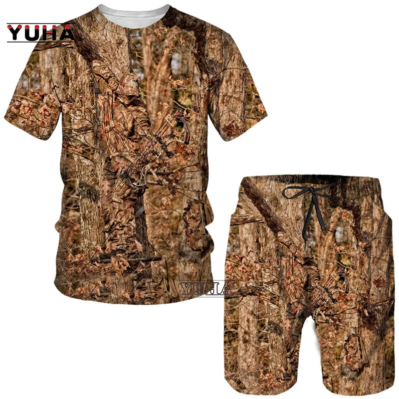 YUHA,Hunting  Summer Men's 3D Printed Camouflage Maple Leaves T-Shirt/Shorts/Suits Unisex Casual Outdoor Sportwear Short Sleeved