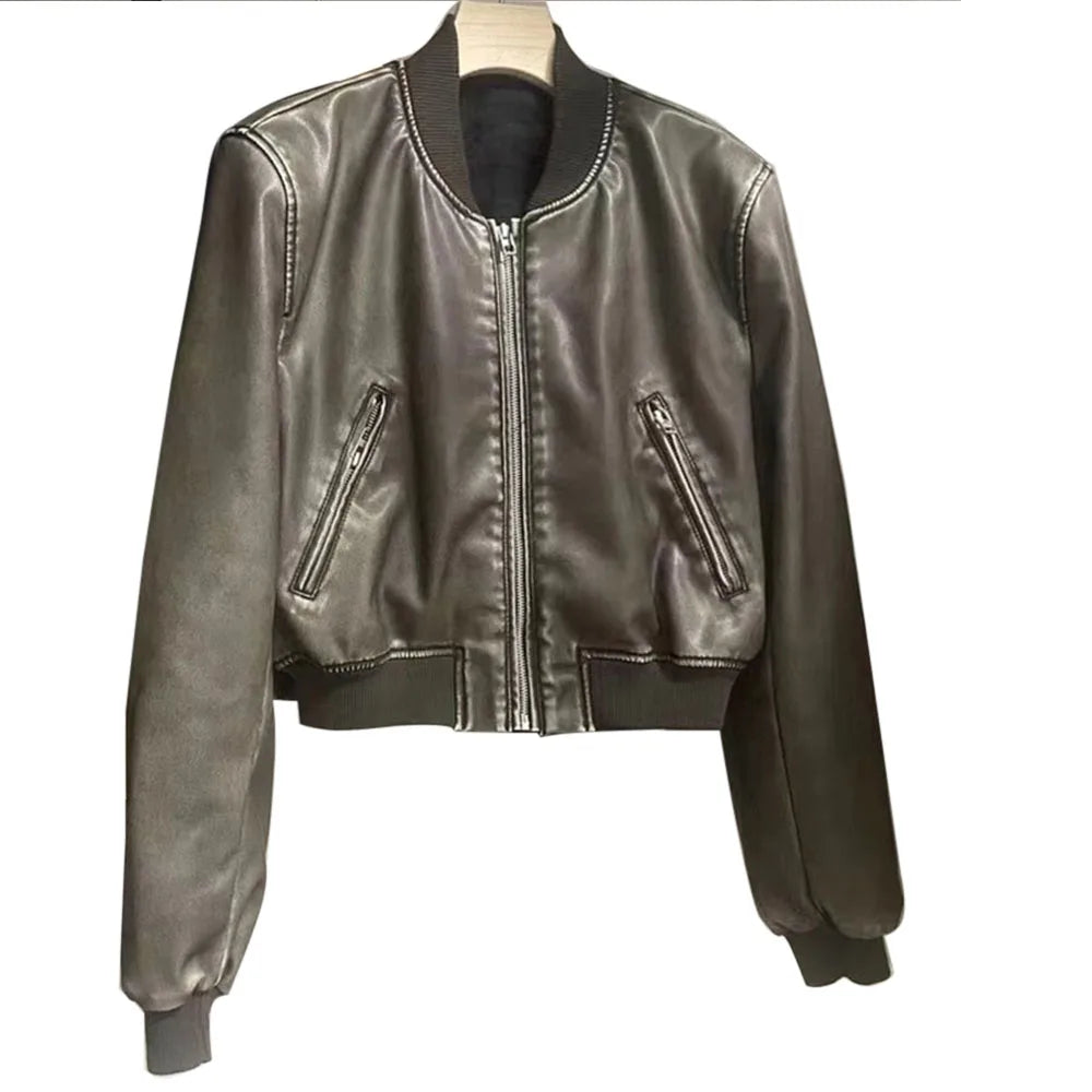 Autumn and winter new leather solid color short coat retro style short zipper cardigan casual all match leather jacket female