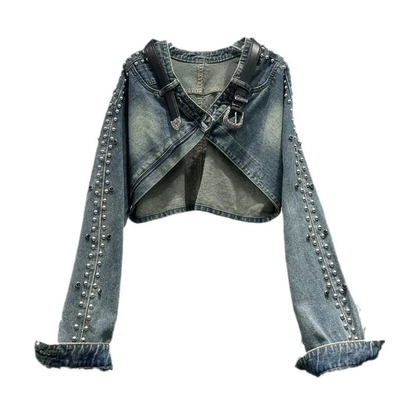 Women Denim Jacket Rivet Short Coat Sashes Pockets Jackets Distressed Streetwear Female Spring 2026 Washed Vintage Outerwear