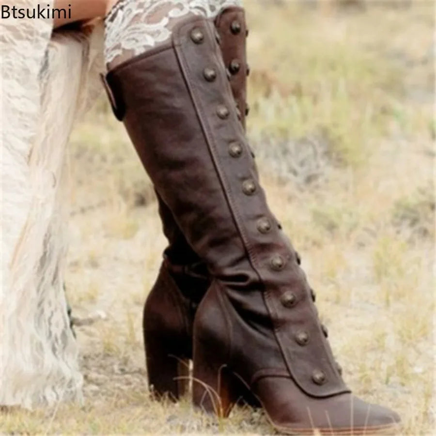 Retro Black Fashion Rivet Decor Boots Chunky Heels Knee High Slip on Shoes for Women Knight Boots  Autumn Zapatos Para Mujere