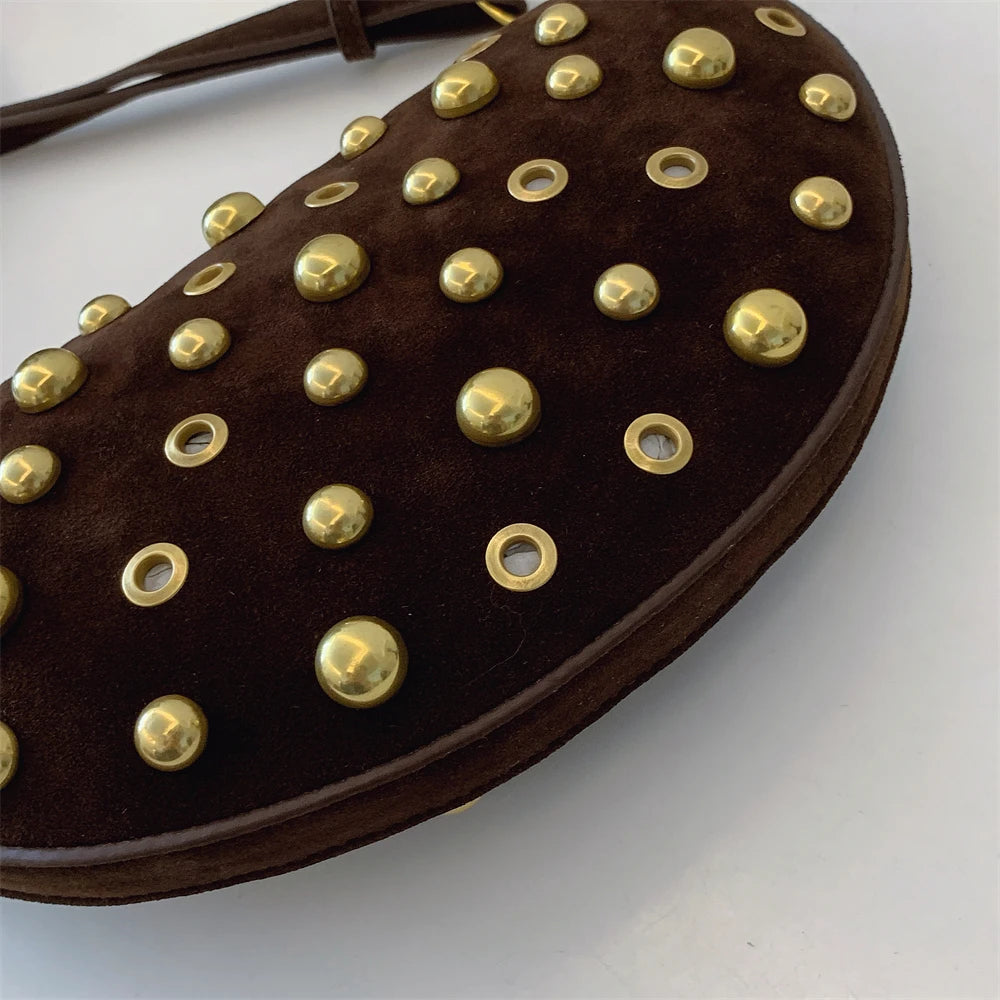 MOODS Branded Half-moon Shoulder Bags For Women Faux Suede Rivets Decor Crossbody Hobo Bags 2025 Latest Designer Handbags Luxury