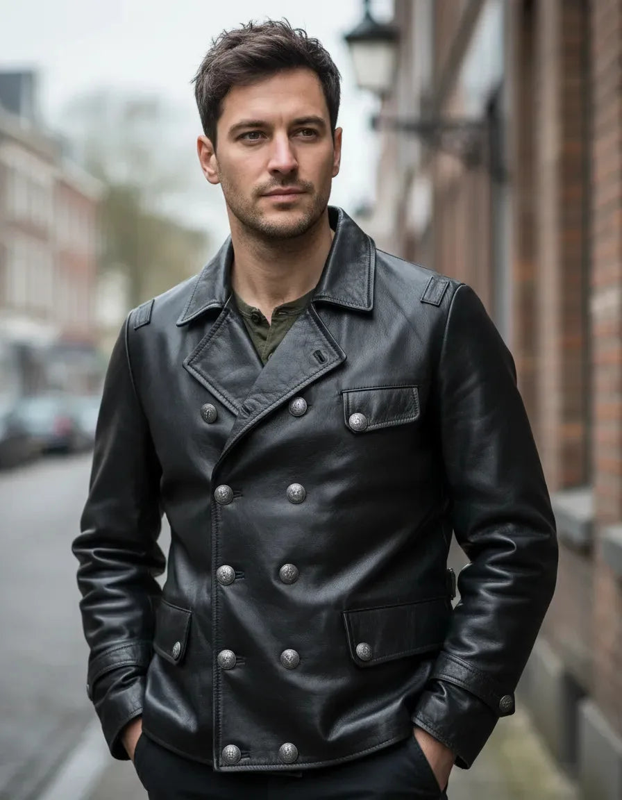 Mens English Gothic Black Leather Trench Coat Military Officer Classic