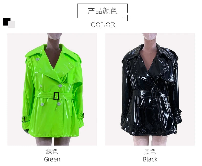 Nerazzurri Spring Autumn Oversized Thin Shiny Reflective Patent Leather Trench Coat for Women Double Breasted European Fashion