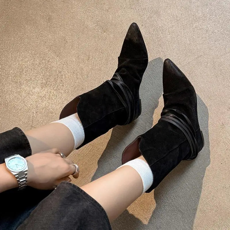 Arden Furtado Autumn Cow Suede Increased Internal Western Boots Pointed Toe Pleated Slip-On Middle Ankle Strap Short Boots