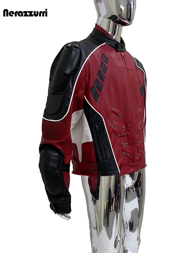 Nerazzurri Autumn Winter Short Color Block Pu Leather Racer Jacket Men Shoulder Pads Rivet Zipper Luxury Designer Clothes 2025