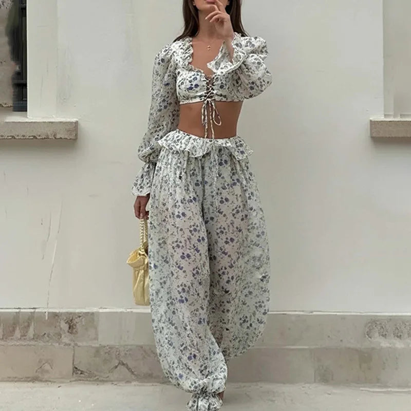 Summer Floral Trousers Set Comfortable Street Style Long-sleeved Waist-revealing Lace-up Top Wide-leg Trousers Two-piece Set