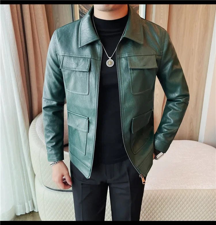Autumn Winter High Quality Faux Leather Jacket Fashion Multi Pocket Design PU Leather Coats Man Vintage Business Slim Fit Coats