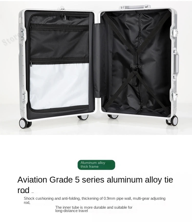 New 20'' Boarding Box Front Opening Suitcase Aluminium Frame 24/27 inch Rolling Luggage with Cup Holder Mobile Phone Holder