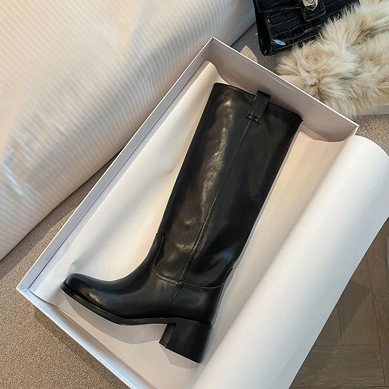 Arden Furtado Autumn Cowhide Knee High Boots Round Toe Pull-On Chunky Heels Riding Boots British Style Large Size Boots