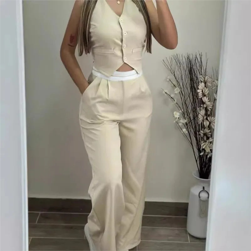 Elegant Two Piece Sets 2024 V-Neck Buttoned Vest Sleeveless Top & High Waist Pocket Straight Pant  Casual Streetwear Pants Set