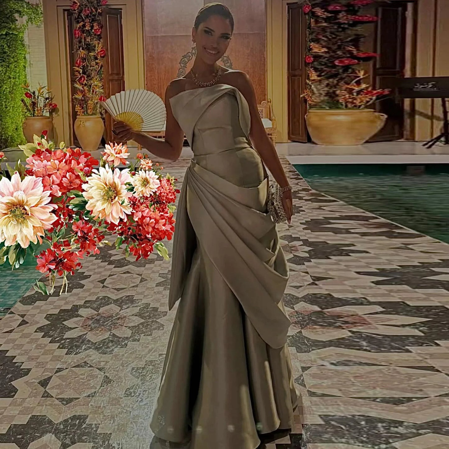 Sharon Said Women' s Elegant Wedding Prom Gown Silver Satin Formal Evening Party Dress Draped Mermaid Strapless SF231 Customized