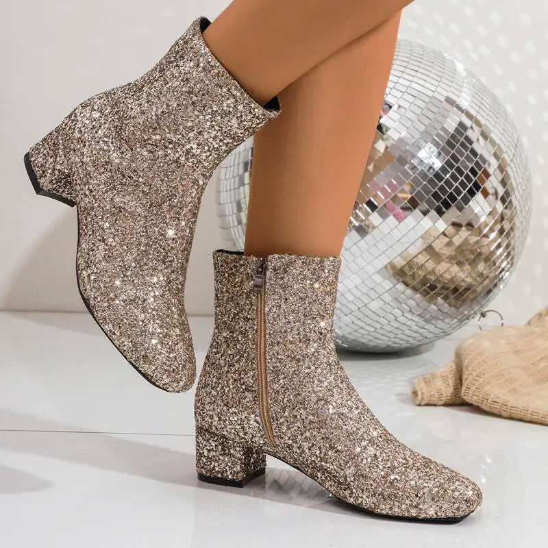 Luxury Sequin Fabric Ankle Boots Women 2026 Autumn Designer Square Toe Side Zip Short Boots Sexy Shiny Medium Heel Party Shoes