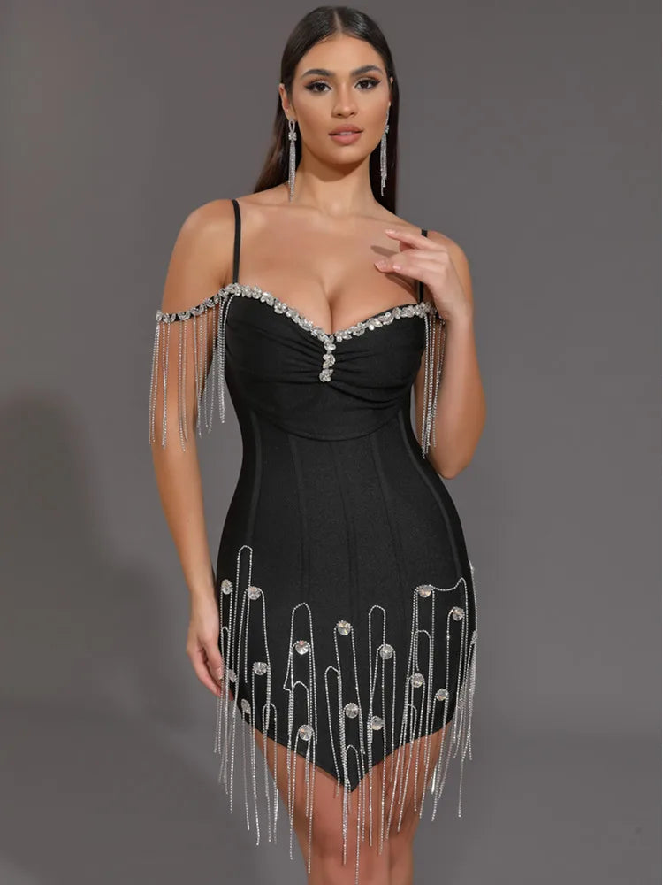 Women Celebrity Sexy Beading Crystal Black White Mini Bodycon Bandage Dress 2024 Knitted Elegant Evening Club Party Outfit