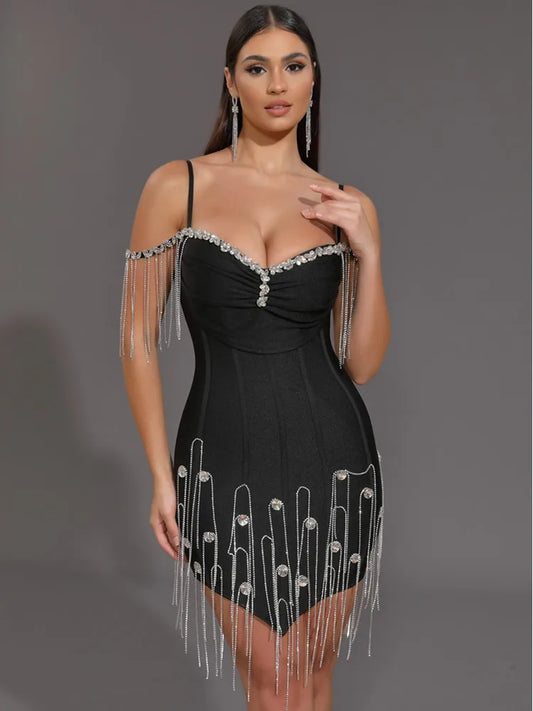 Women Celebrity Sexy Beading Crystal Black White Mini Bodycon Bandage Dress 2024 Knitted Elegant Evening Club Party Outfit