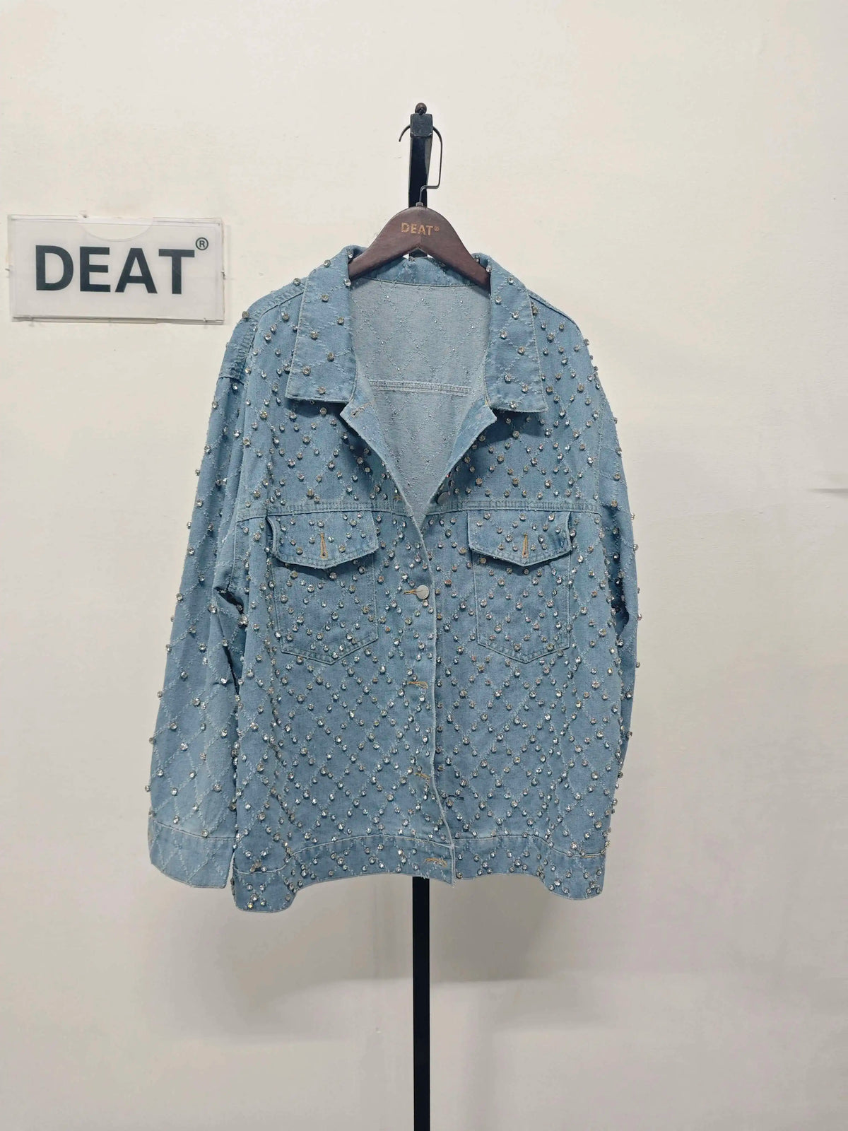 DEAT Women's Denim Coat Blue Long Sleeve Full Diamonds Distressed Jacquard Plaid Jackets 2026 Summer Summer New Fashion 29L7709