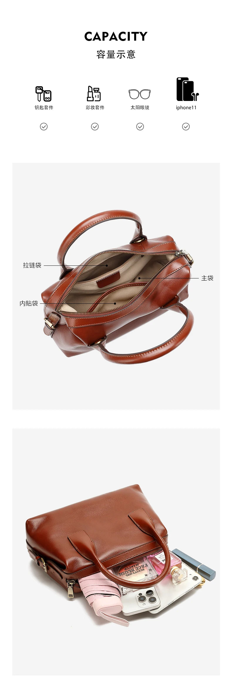 BURMINSA Genuine Cowhide Leather Handbags For Women Retro Pillow Top Handle Bags Bowling Daily Work Crossbody Shoulder Purses