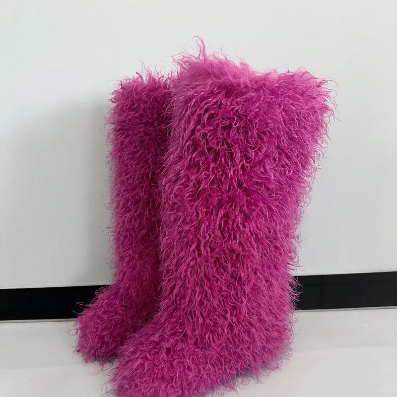 New Over The Knee Fur Boots Women Warm 72CM Long Faux Mongolian Fur Snow Boots Winter Luxury Fluffy Shoes Plush Platform Shoes