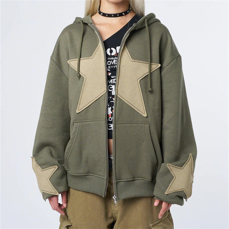 Women's Graphic Hoodie Y2k Zip Up Hoodies Star Patchwork Oversized Sweatshirt with Drawstring Aesthetic Pullover with Hood Shirt