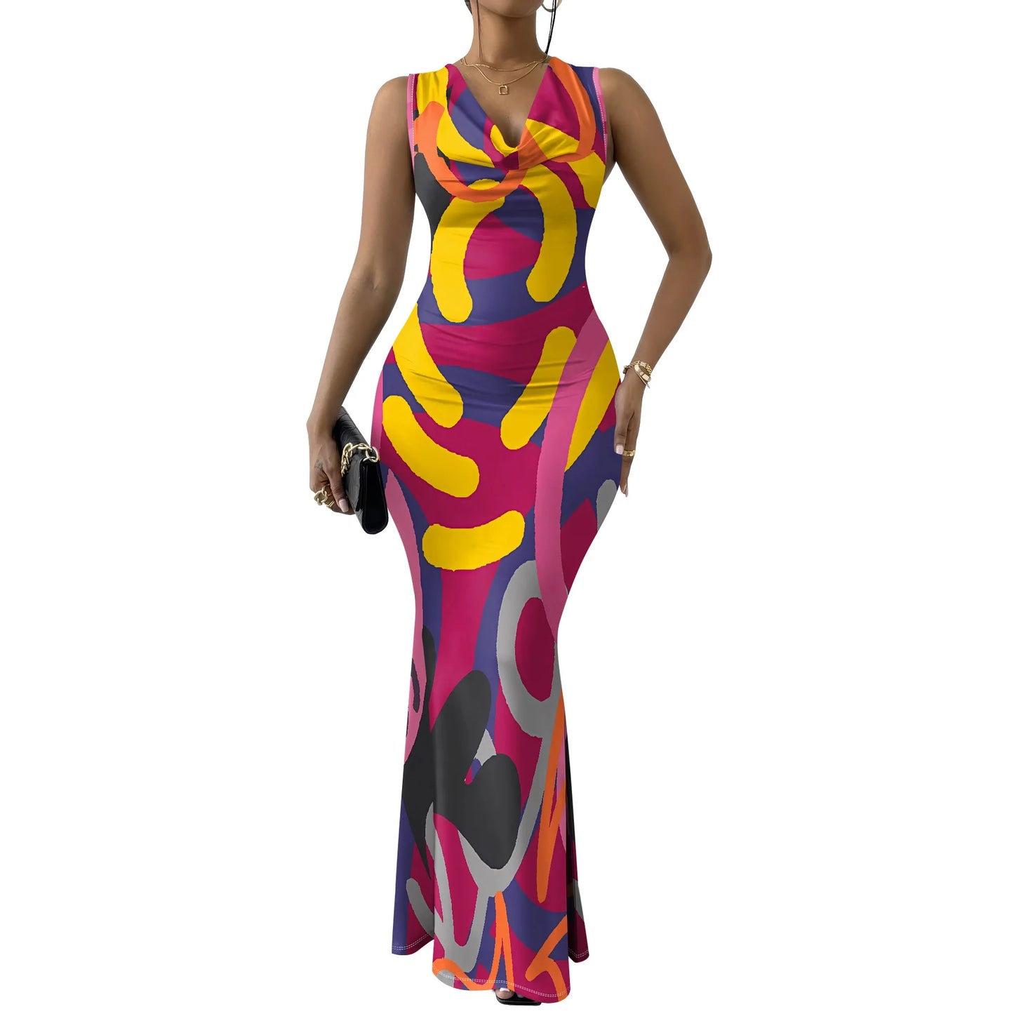 Womens Sexy Casual Dresses Colorful Geometric Off-Shoulder Maxi Dress  Artistic Party Evening Resortwear Swing Neck Dress