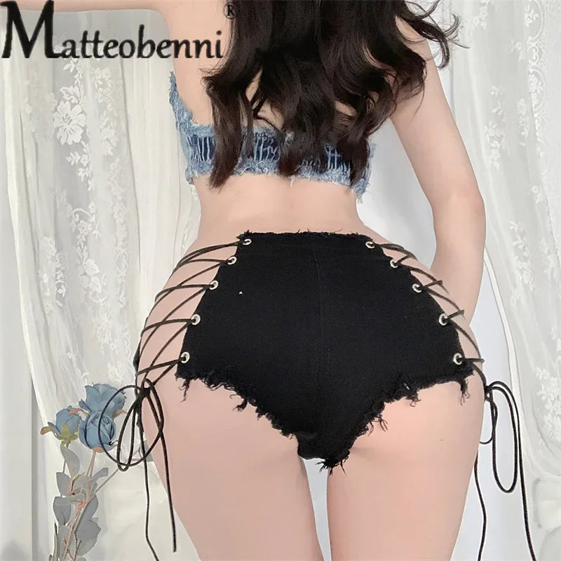 Sexy Hollow Out Lace-up Patchwork Cloth Ultra-short Shorts Ladies Nightclub Wear Women High Waist Denim Three Quarter Pants New