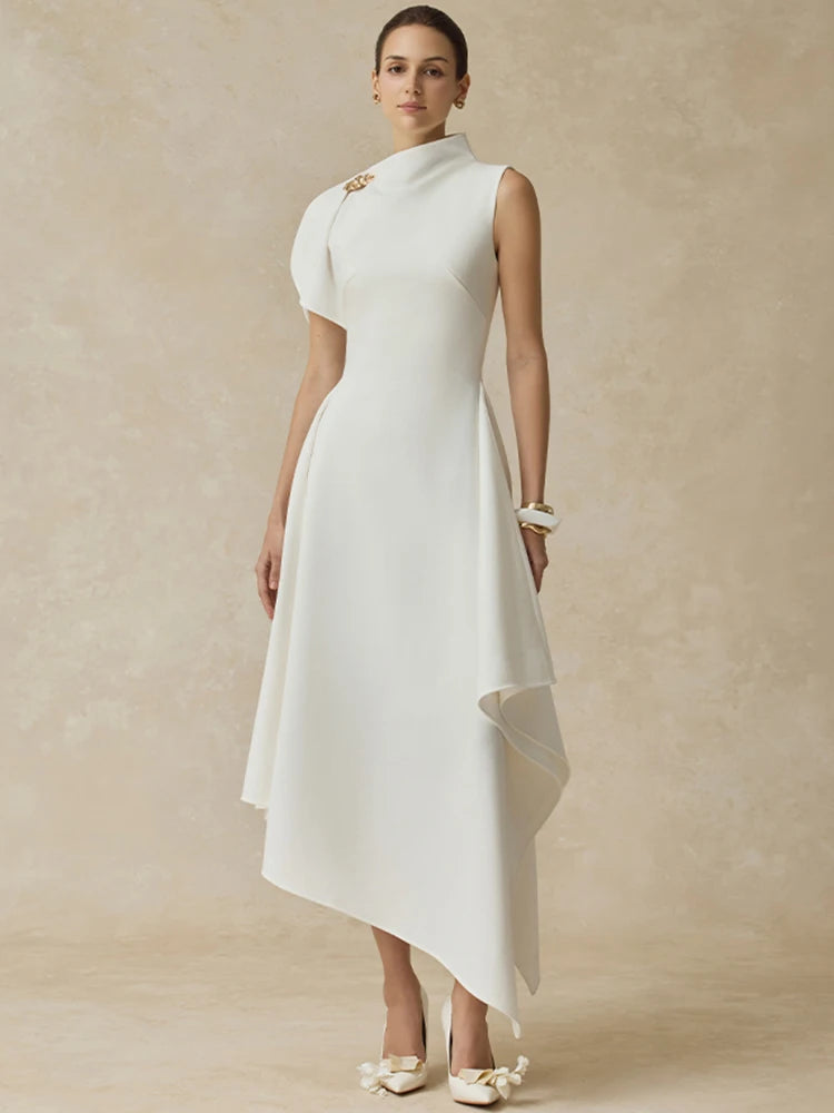 DEAT Elegant Dress Stand Collar Irregular High Waist Long Solid Color Women's Evening Party Dresses 2025 Winter New Tide 35Z3948