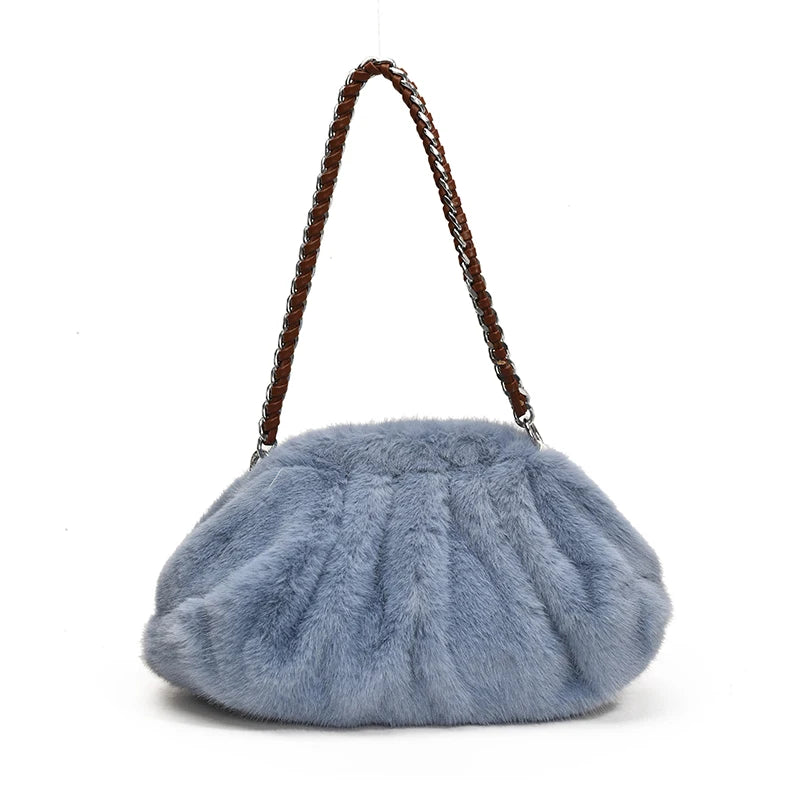 MOODS Pleated Design Faux Fur Shoulder Bags For Women 2024 Luxury Designer Purses And Handbags Winter Warm Soft Plush Hobo Bags
