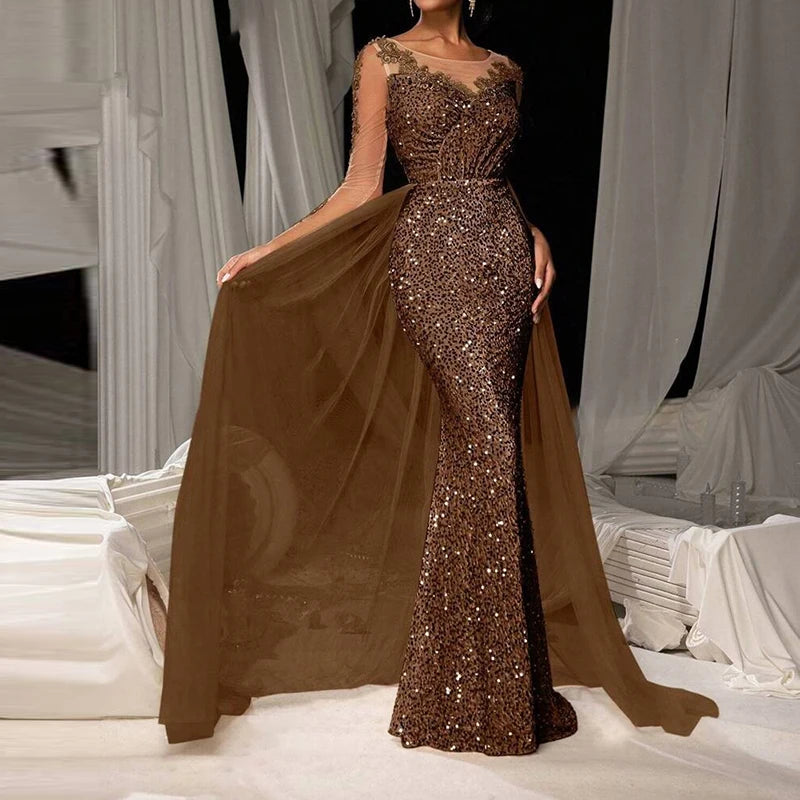Luxury Long Sleeve Slim Dress Elegant V-neck Lace Sequin Mesh Spliced Evening Dress Fashion Solid Color High Waist Glitter Dress