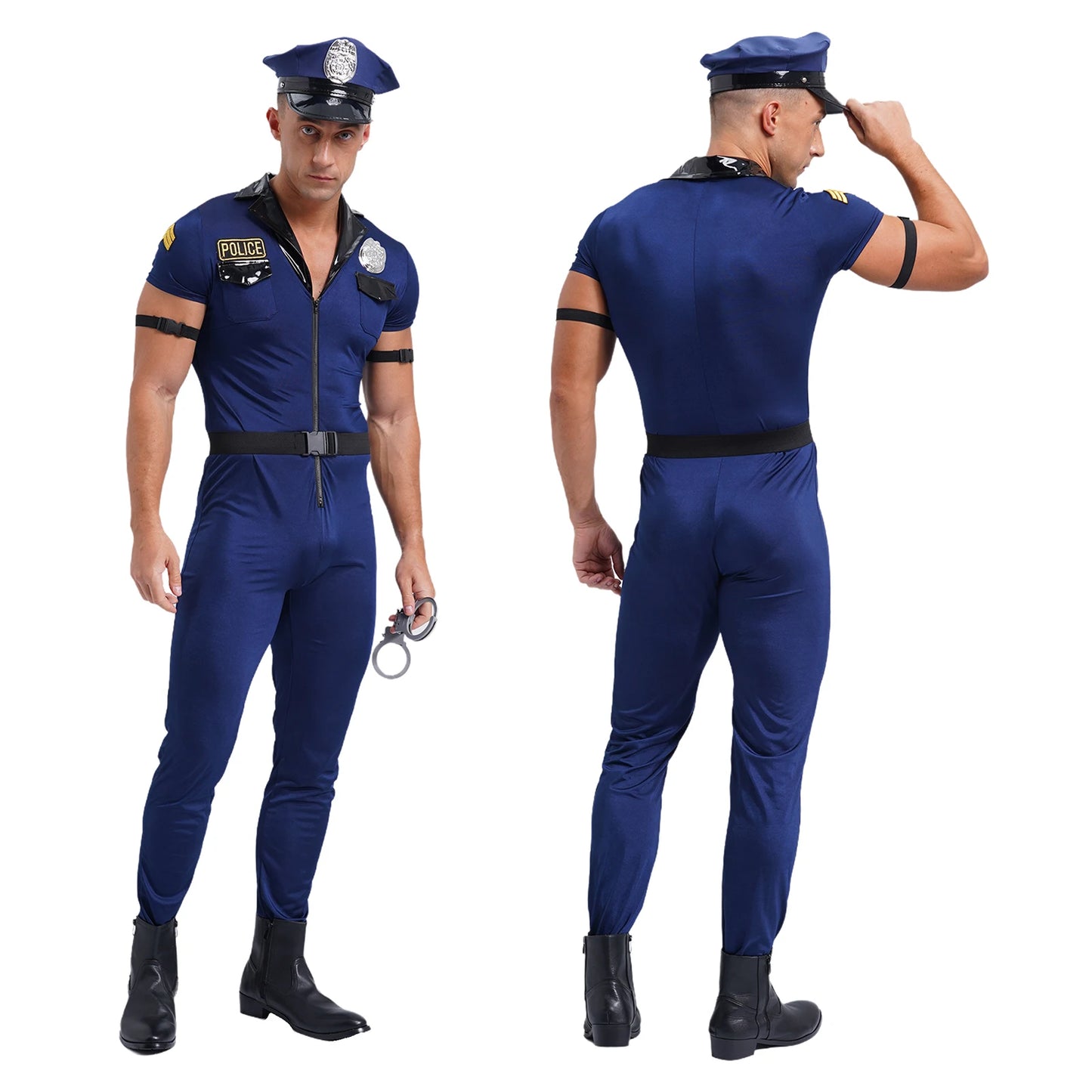 Mens Police Uniform Cosplay Outfits 7-Piece Dirty Cop Officer Costumes Front Zipper Role Play Jumpsuit Hat Belt Manacles Badge