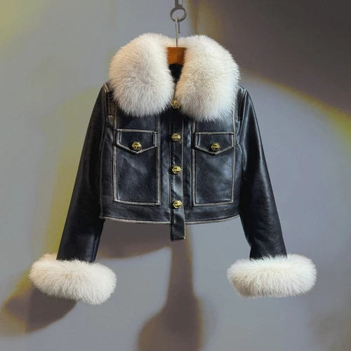 Temperament Black Leather Jacket Women 2026 Winter Real Fox Fur Short High Waist PU Leather Coat Slim-Fitting Coats