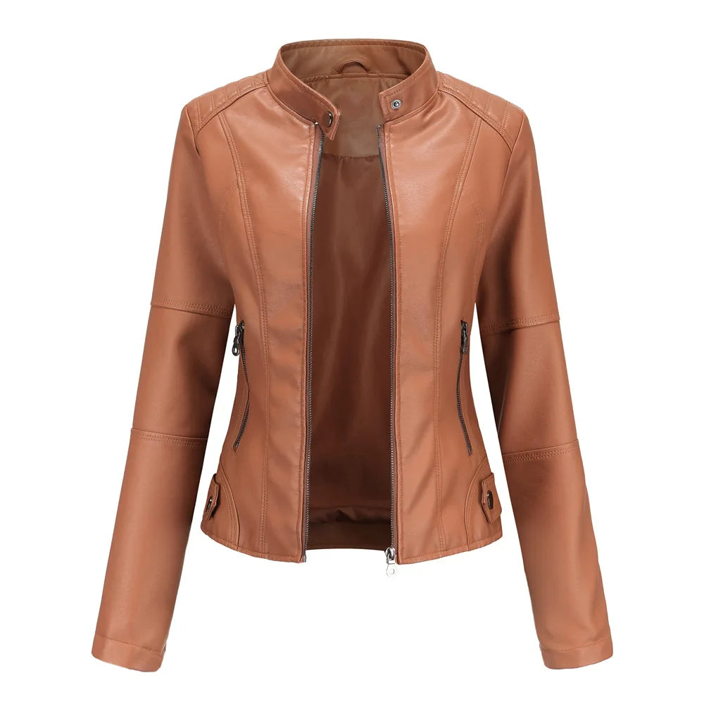 Women's Leather Jacket Women's Slim-Fit Jacket Thin Autumn Jacket Women's Biker Jacket Large Size Standing Collar Leather Jacket