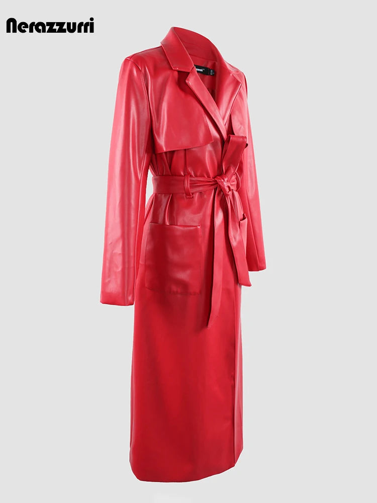 Nerazzurri Spring Autumn Long Red Soft Pu Leather Trench Coat for Women Pockets Sashes Luxury Elegant Chic Stylish Overcoat 2023