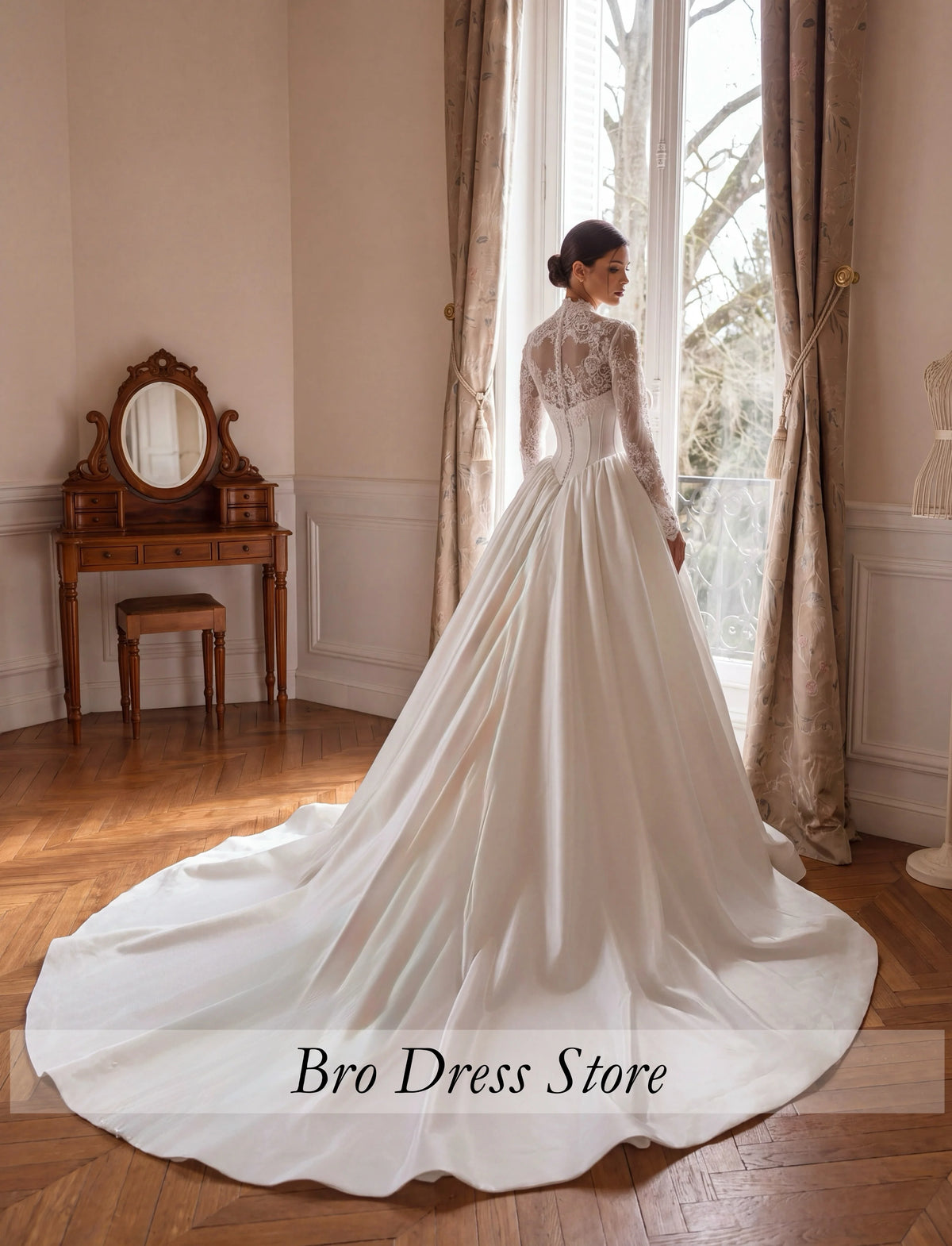 Customized Royal Princess Wedding Dress Satin Ball Gown Lace Long Sleeves Corset V Neck Luxury Bridal Gown Vestido de Novia