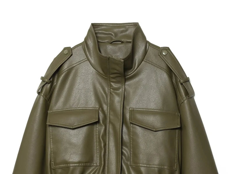 MUJER Faux Leather Cropped Jacket Women Bomber Demi-season Jackets for Women Long Sleeve Women's Coats Zip Overcoat Jacket Women