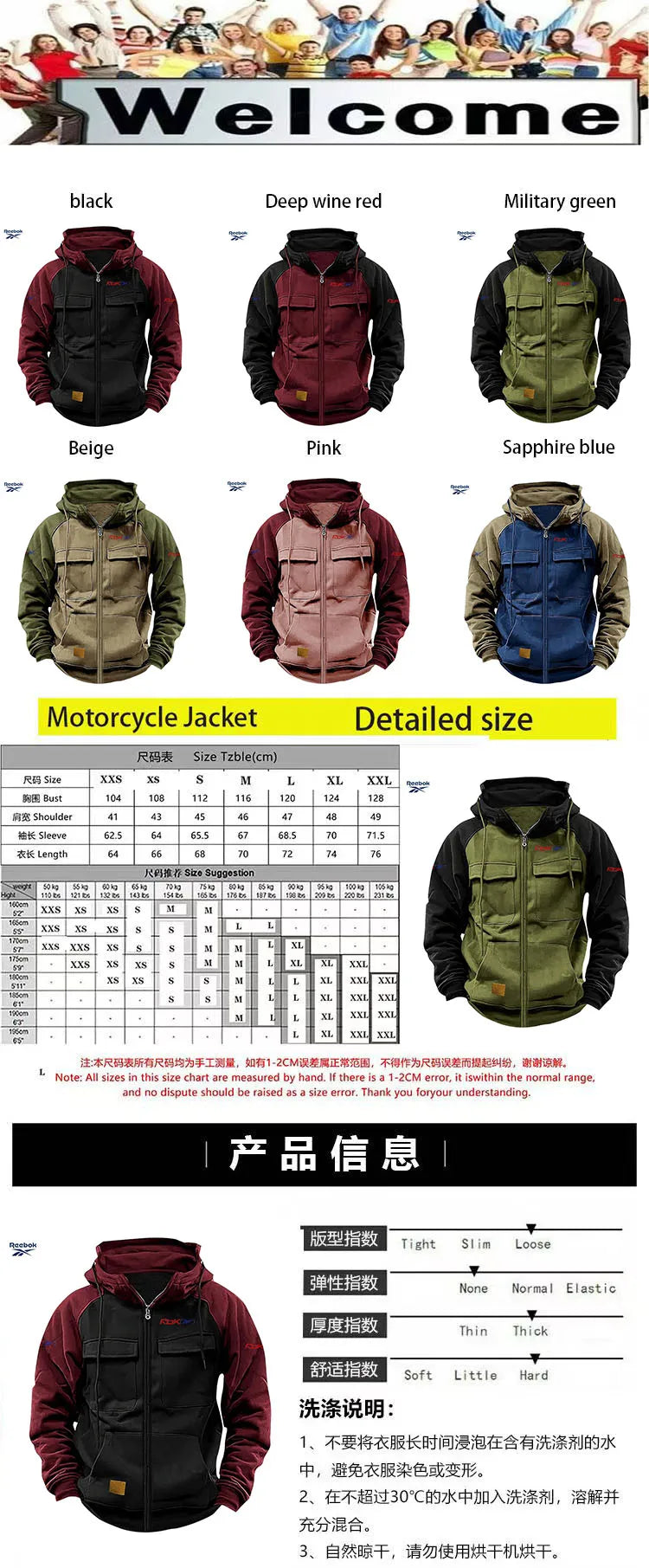 Reebok Men's Zippered Patched Warm Fleece Pullover for Autumn/Winter - Multiple Pockets - Stylish Hooded Jacket - Thick Outdoor