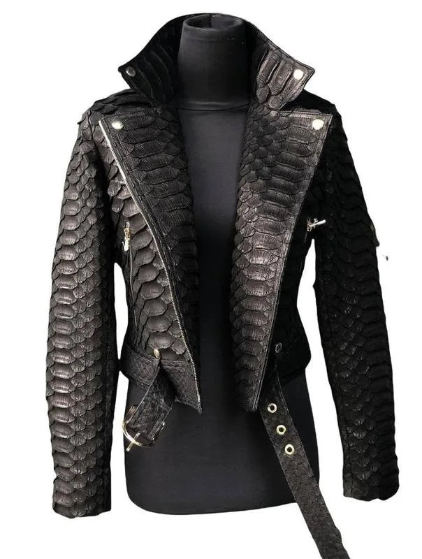 Autumn and winter women's PU leather black imitation snakeskin leather locomotive jacket jacket